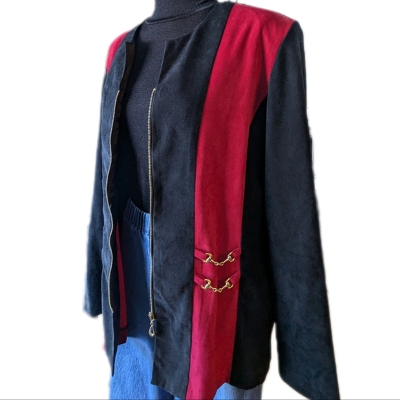 Vintage 90s Black and Bold Red Blazer Structured Gold Details - Picture 3 of 6